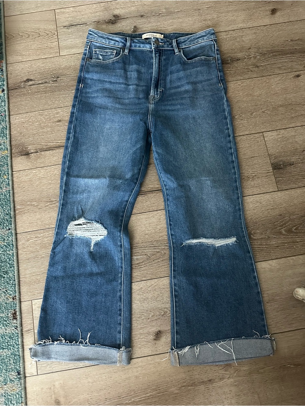 Mid-Blue Distressed Wide-Leg Jeans